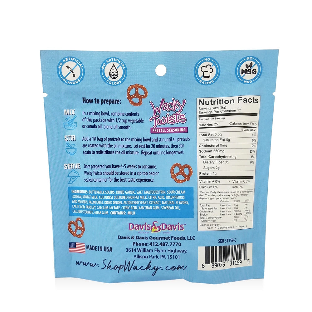 Wacky Twists Buttermilk Ranch Pretzel Seasoning (NET WT 3 OZ) - Davis & Davis Gourmet Foods