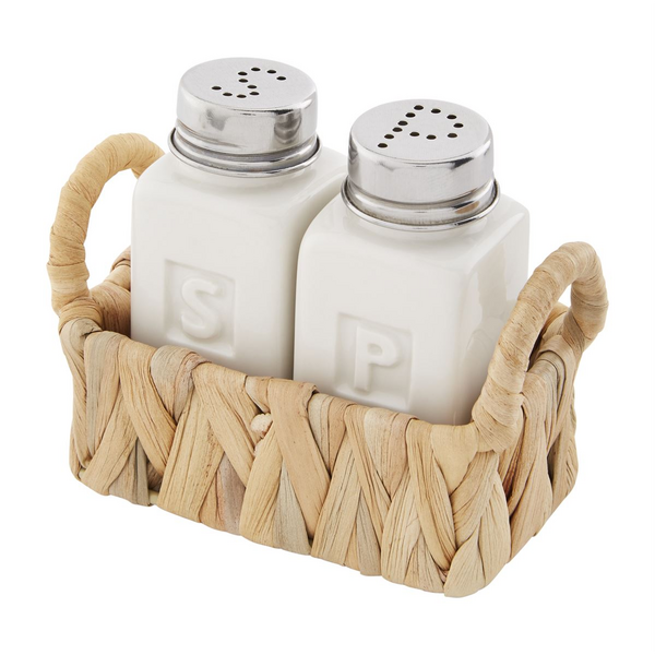 Salt and Pepper Shaker in a Woven Water Hyacinth Basket - mudpie